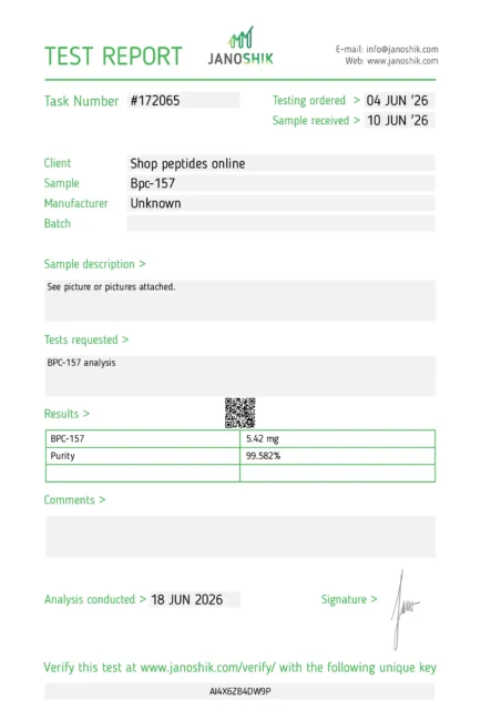 Janoshik test report #172065 for BPC-157 5 mg: measured content 5.42 mg, purity 99.582%, analysis date 18 June 2026