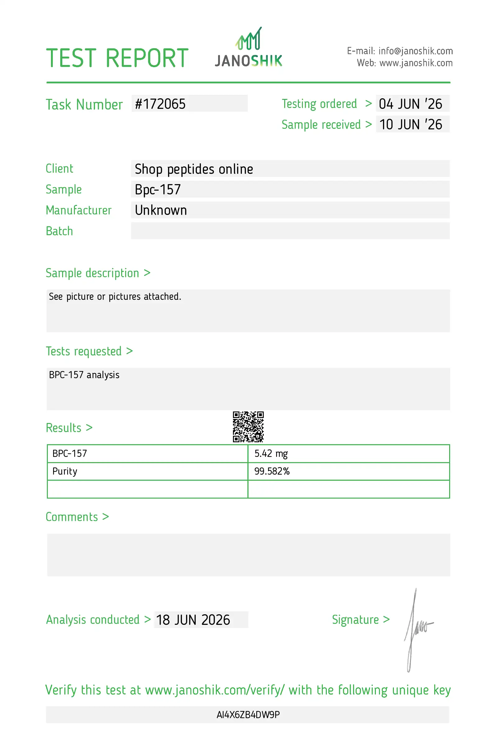 BPC-157 Canada — 5mg & 10mg Research Peptide 7 Janoshik test report #172065 for the BPC-157 5mg batch, HPLC purity 99.582%