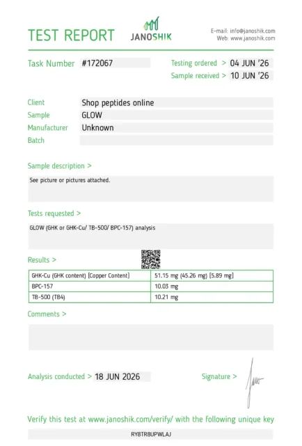 Janoshik test report #172067 for GLOW 70 mg: GHK-Cu 51.15 mg, BPC-157 10.03 mg, TB-500 (TB4) 10.21 mg, analysis 18 June 2026, no purity value