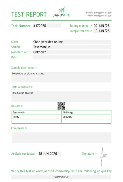 Janoshik test report #172070 for Tesamorelin 10 mg (this listing): measured content 10.69 mg, purity 98.628%, analysis date 18 June 2026