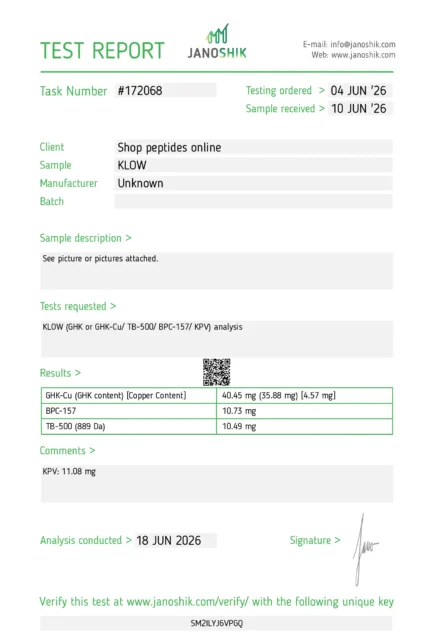Janoshik test report #172068 for KLOW 80 mg: GHK-Cu 40.45 mg, BPC-157 10.73 mg, TB-500 (889 Da) 10.49 mg, KPV 11.08 mg, analysis 18 June 2026, no purity value
