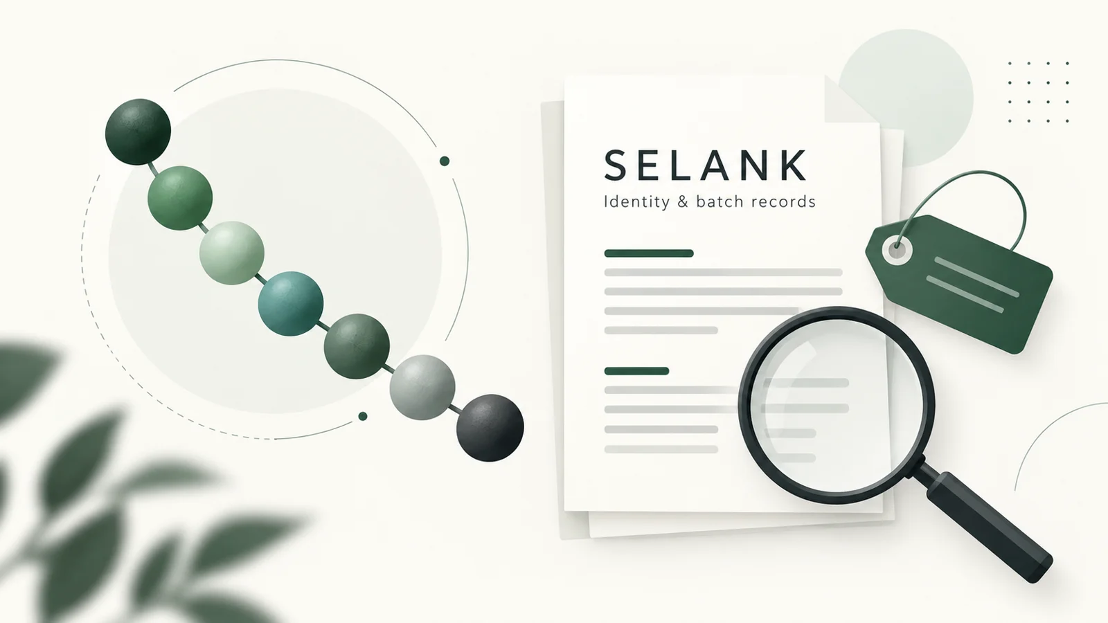Conceptual Selank identity and batch-record illustration