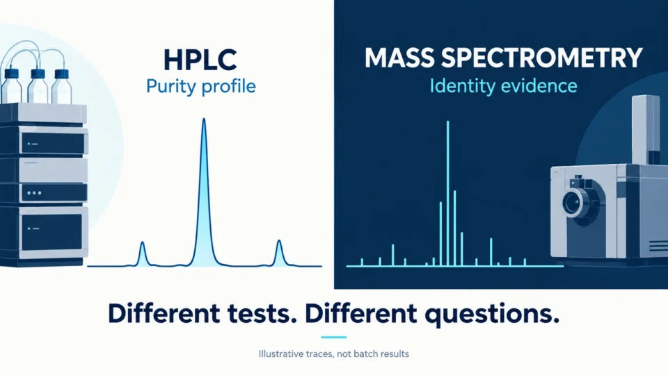 Illustrative HPLC purity profile and mass spectrometry identity evidence comparison, not batch results