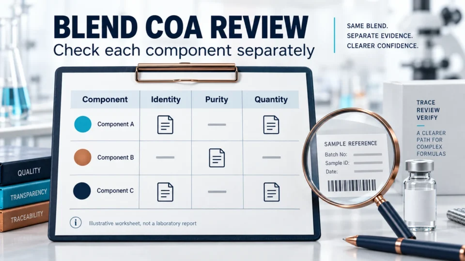Illustrative blend COA component worksheet with identity, purity and quantity columns, not a laboratory report