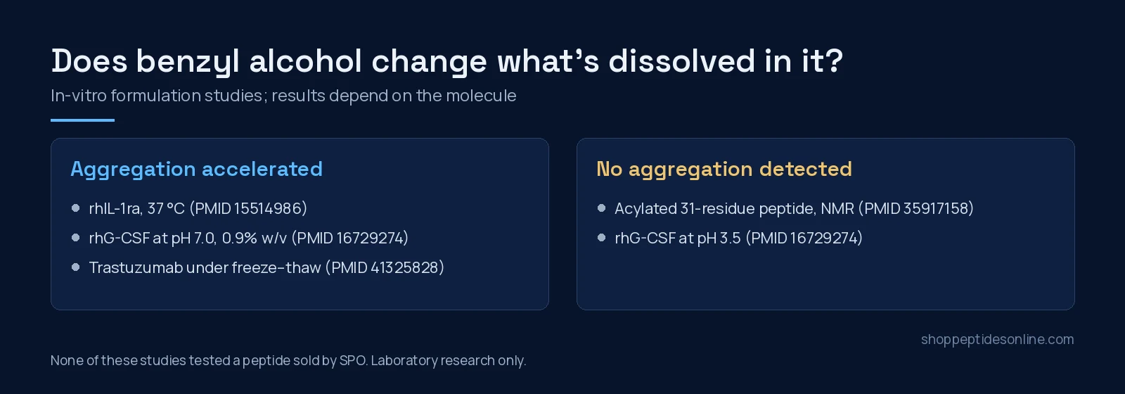Two-panel summary of in-vitro studies on benzyl alcohol: aggregation accelerated for rhIL-1ra, rhG-CSF at pH 7.0 and trastuzumab under freeze-thaw; no aggregation for an acylated 31-residue peptide and rhG-CSF at pH 3.5