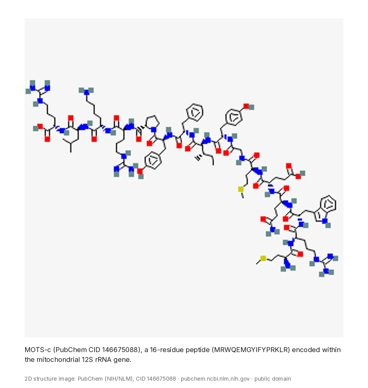 MOTS-C for Research in Canada 8 2D chemical structure of MOTS-c, the 16-amino-acid mitochondrial-encoded peptide MRWQEMGYIFYPRKLR, PubChem CID 146675088