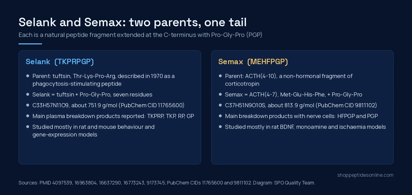 Diagram comparing the parent peptides and sequences of Selank and Semax