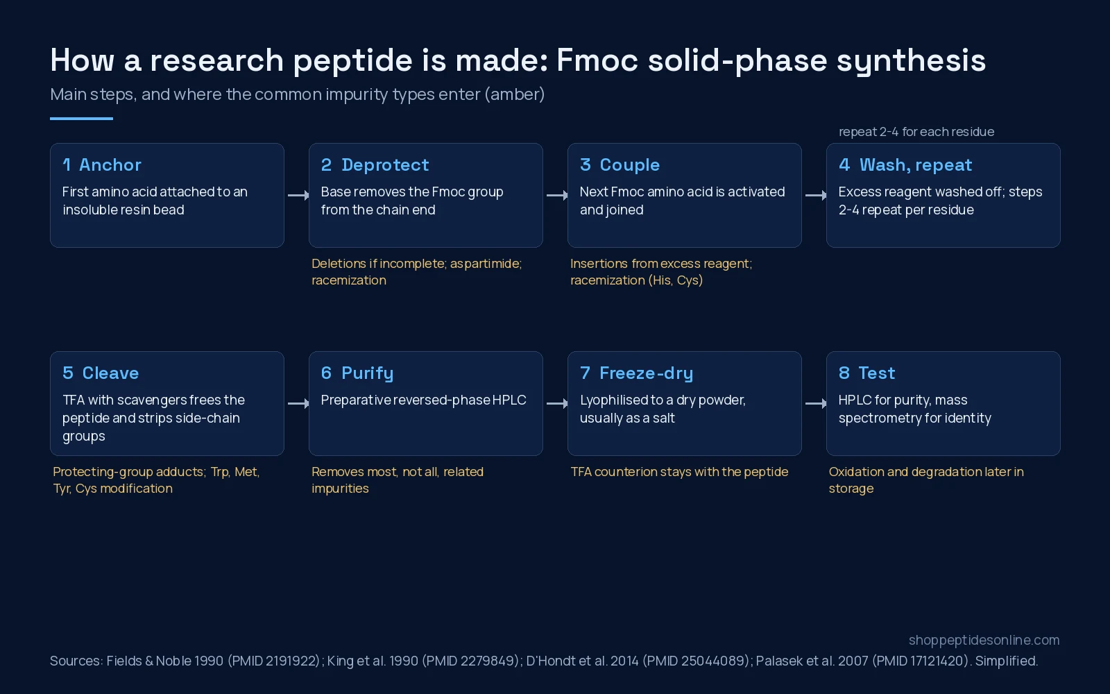Flow diagram of Fmoc solid-phase peptide synthesis in eight steps, from resin anchoring to HPLC and mass spectrometry testing, with the impurity types each step can introduce