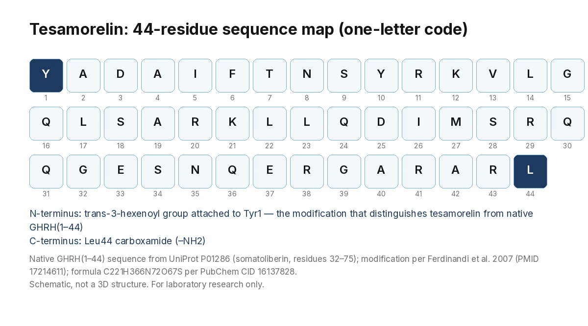 Tesamorelin 44-residue sequence map YADAIFTNSYRKVLGQLSARKLLQDIMSRQQGESNQERGARARL with trans-3-hexenoyl N-terminus and C-terminal amide