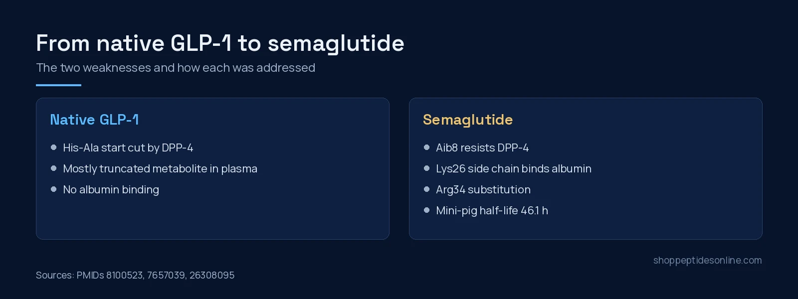 Two-panel diagram: native GLP-1 weaknesses (DPP-4 cleavage, no albumin binding) and semaglutide's fixes (Aib8, Lys26 albumin-binding side chain, Arg34)